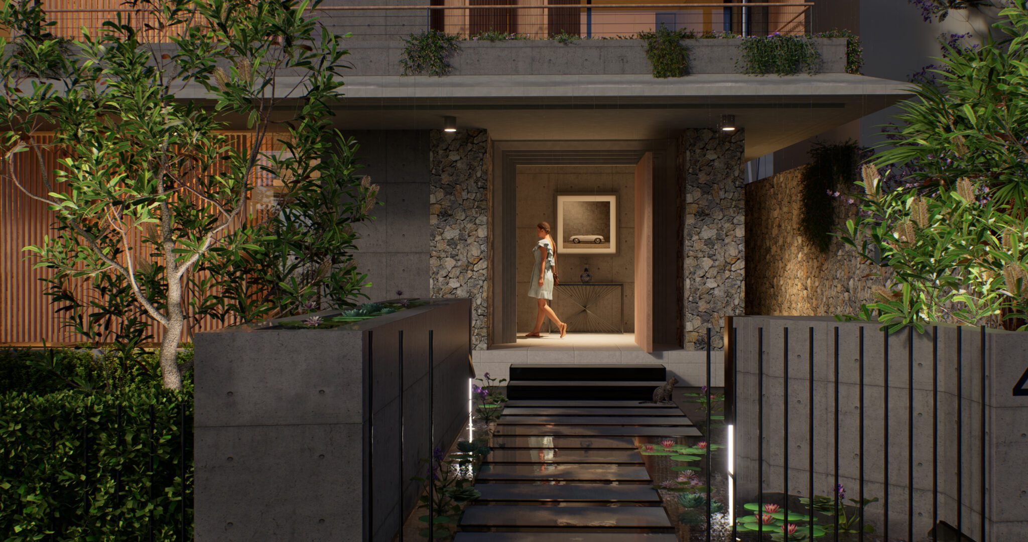 Luxury home design Wollongong. Corrimal Street Entrance establishing a peacful and serene atmosphere